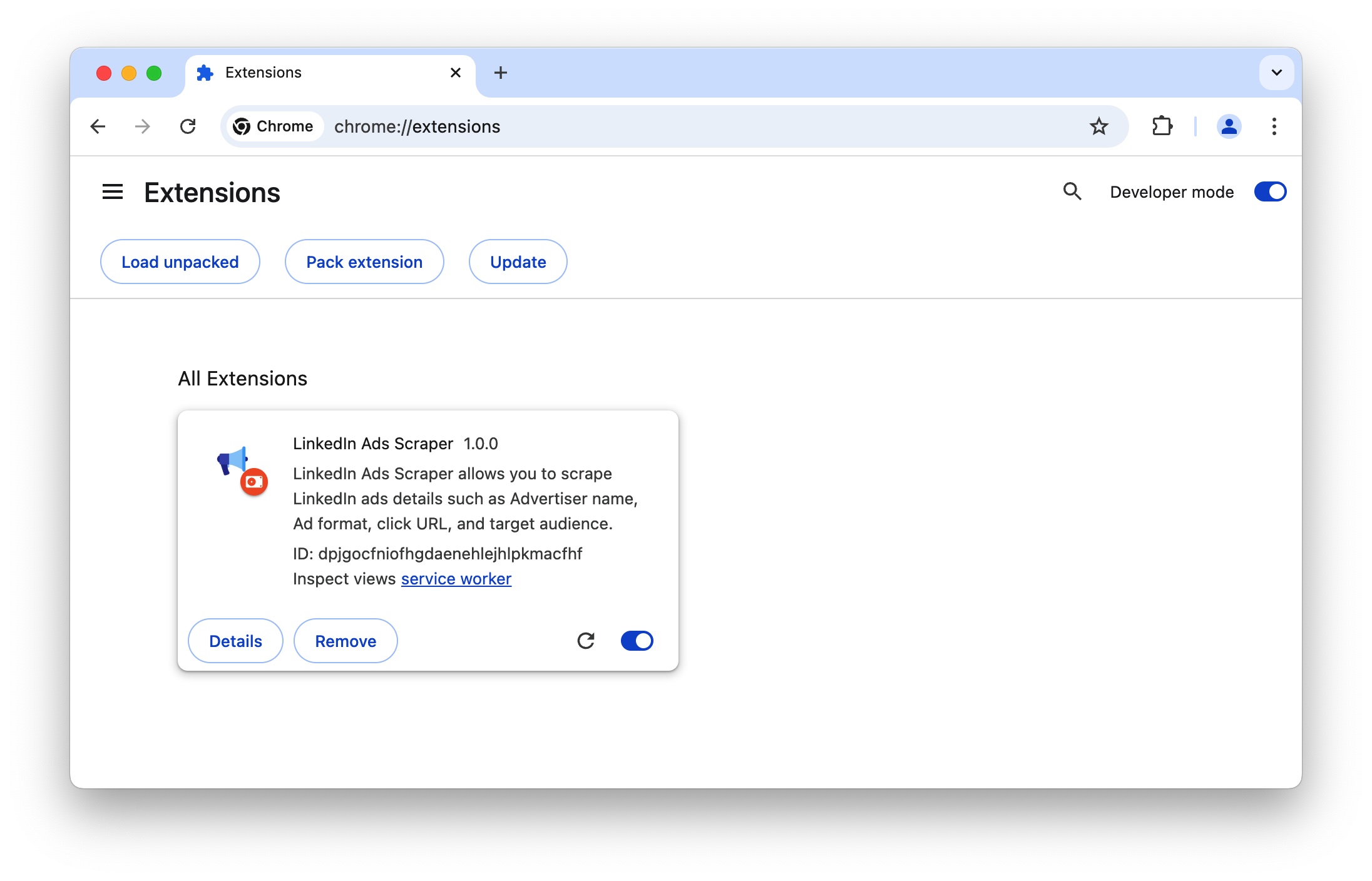 LinkedIn Ads Scraper chrome extension install done