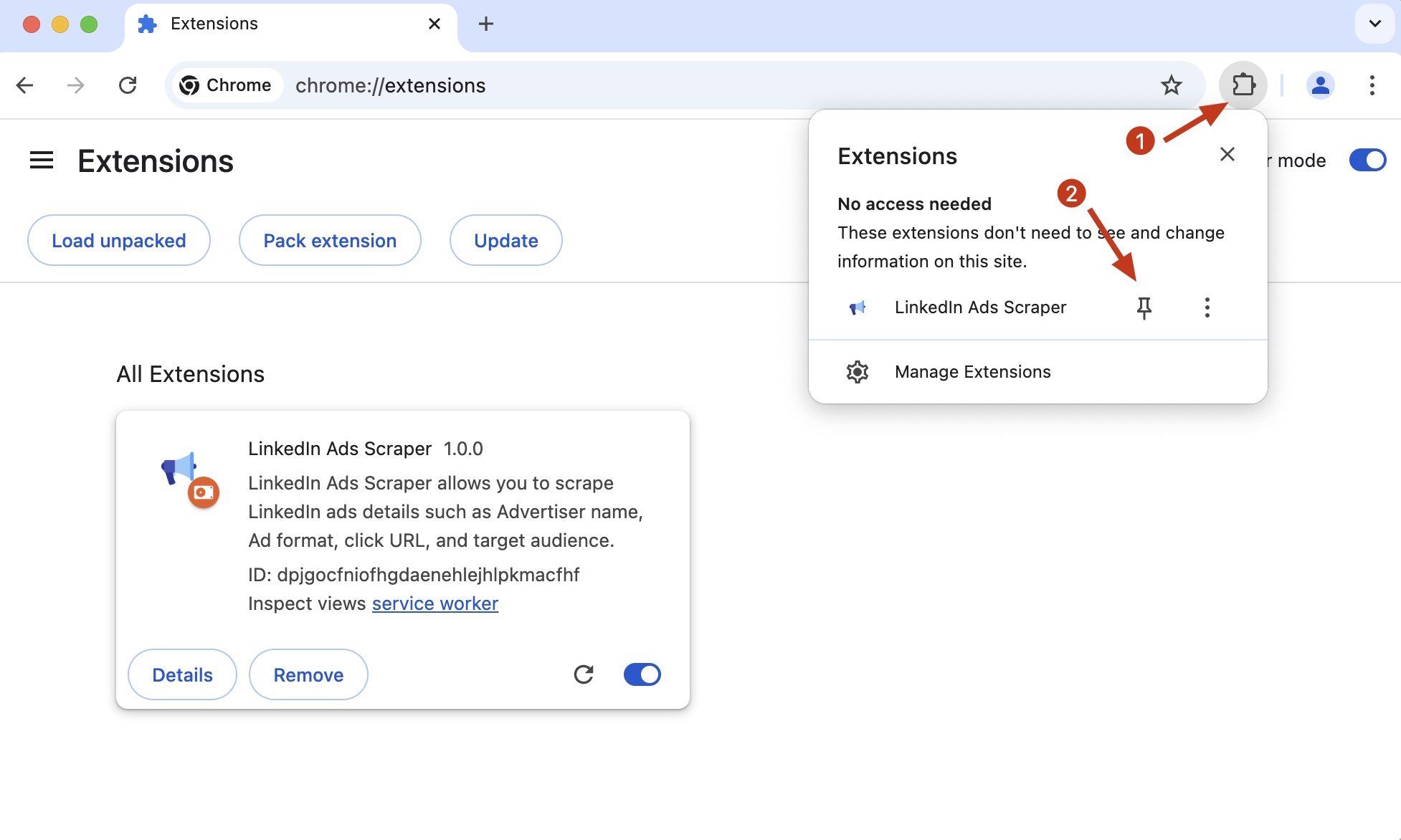 LinkedIn Ads Scraper chrome extension install pin